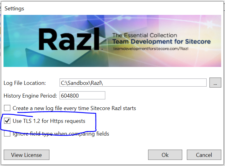 Changing Razl Settings to TLS 1.2