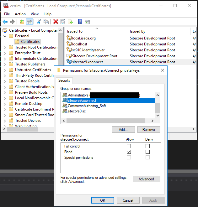 Giving xConnect AppPool Read Rights to Certificate